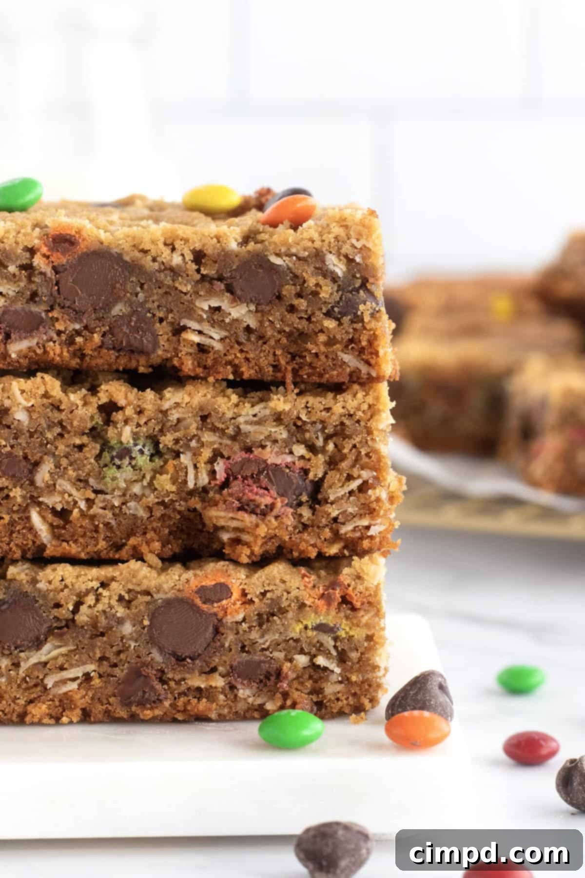 Freshly baked Monster Cookie Bars ready to be served