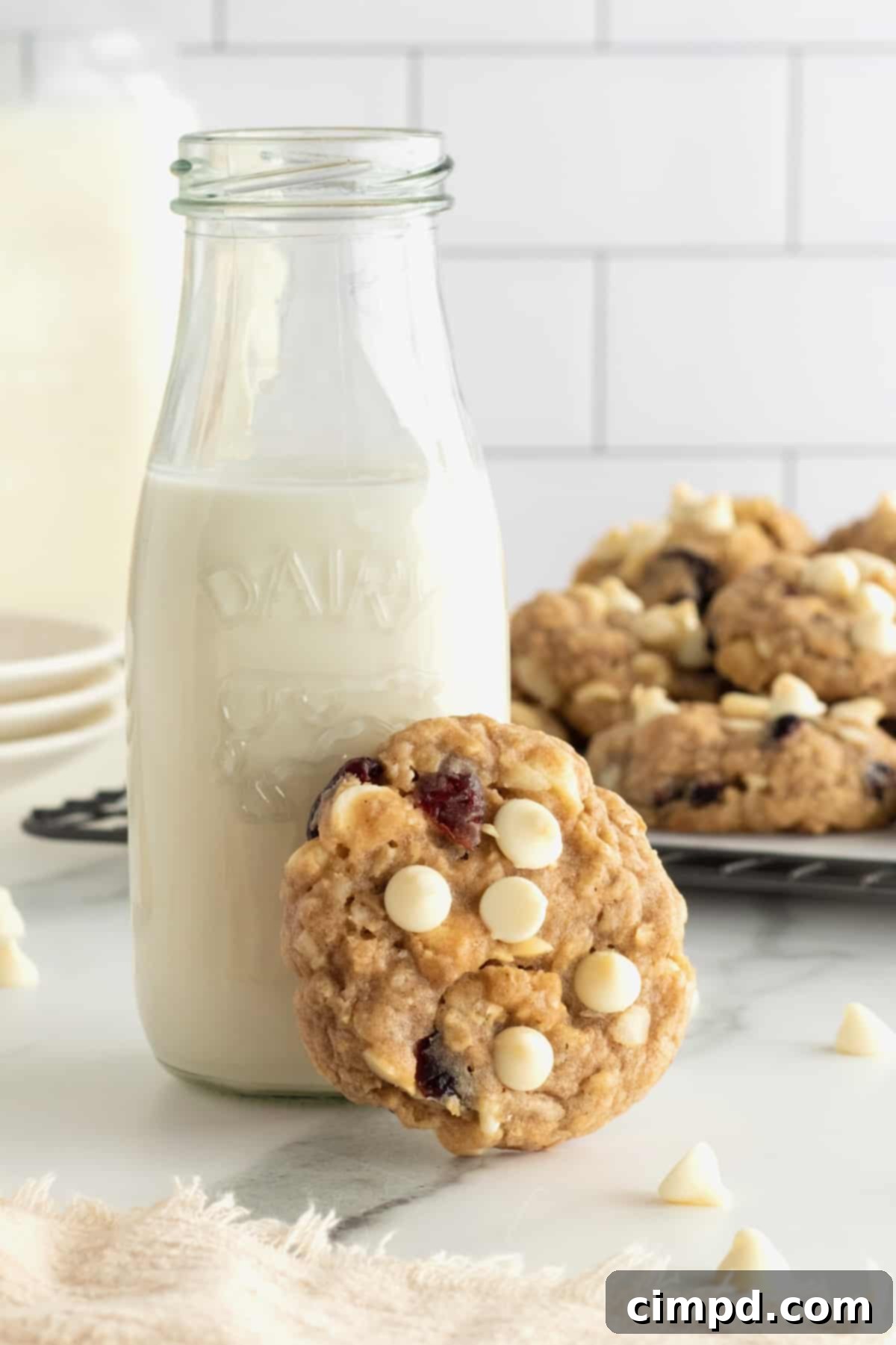 White Chocolate Chip Macadamia Nut Oatmeal Cranberry Cookies 3 Stack of Oatmeal Cranberry White Chocolate Macadamia Nut Cookies with festive decor