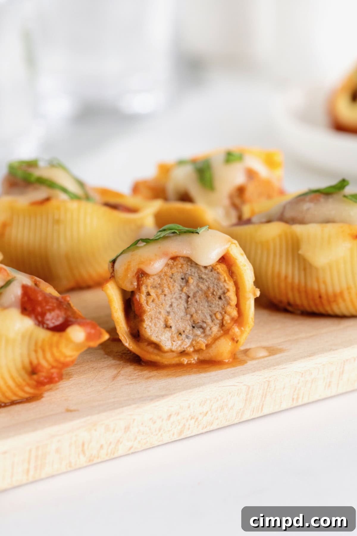 A meatball in a pasta shell with a bite out of it.