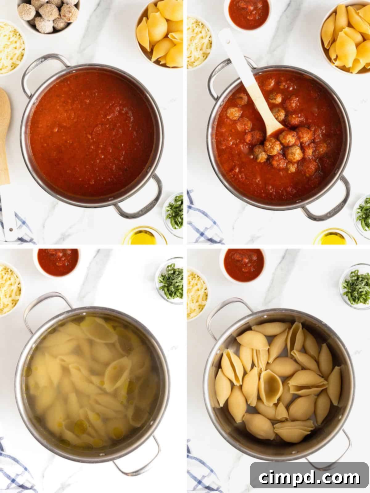 Steps to make meatball stuffed shells.