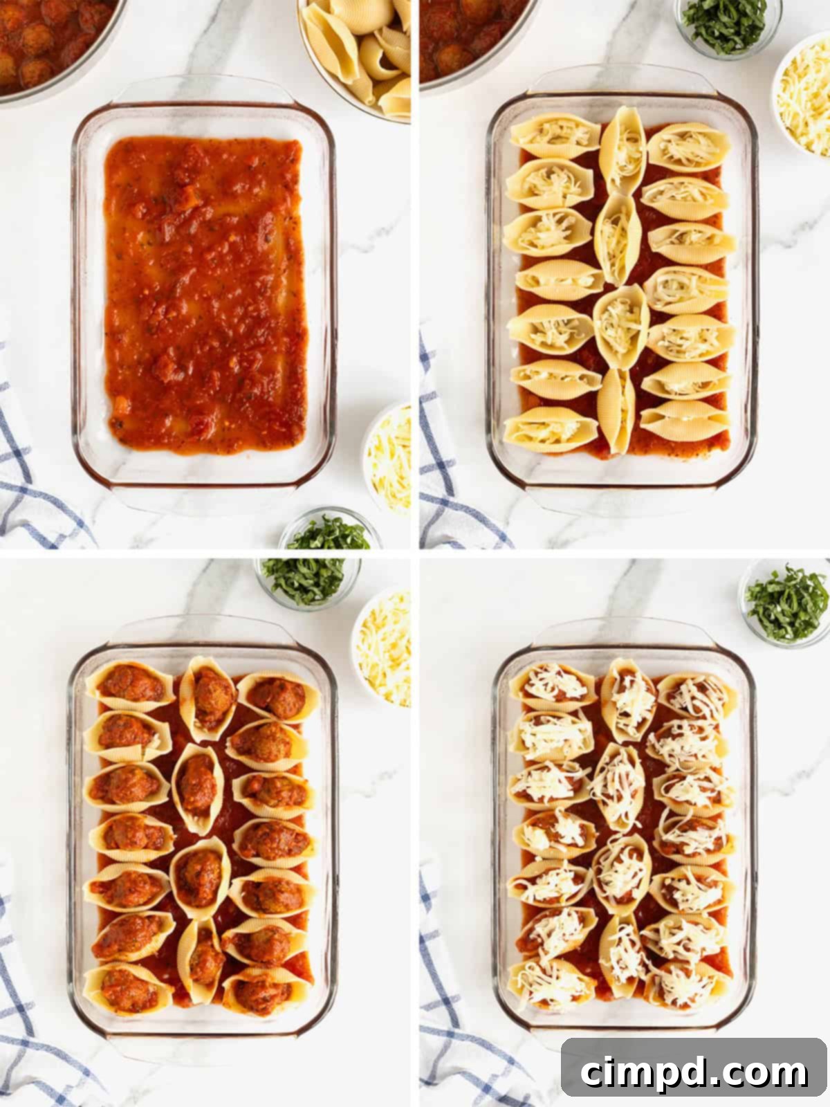 Steps to make meatball stuffed shells.