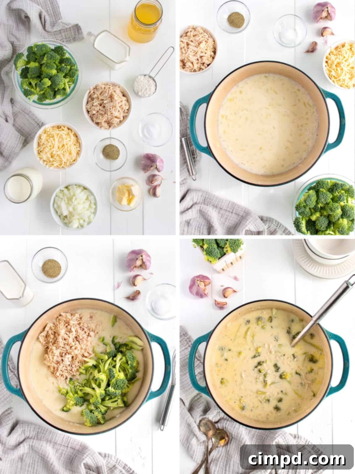 Hearty Broccoli Cheddar Chicken Soup 4 Beautifully plated bowl of Broccoli Cheddar Chicken Soup, ready to be served, with a hint of garnish