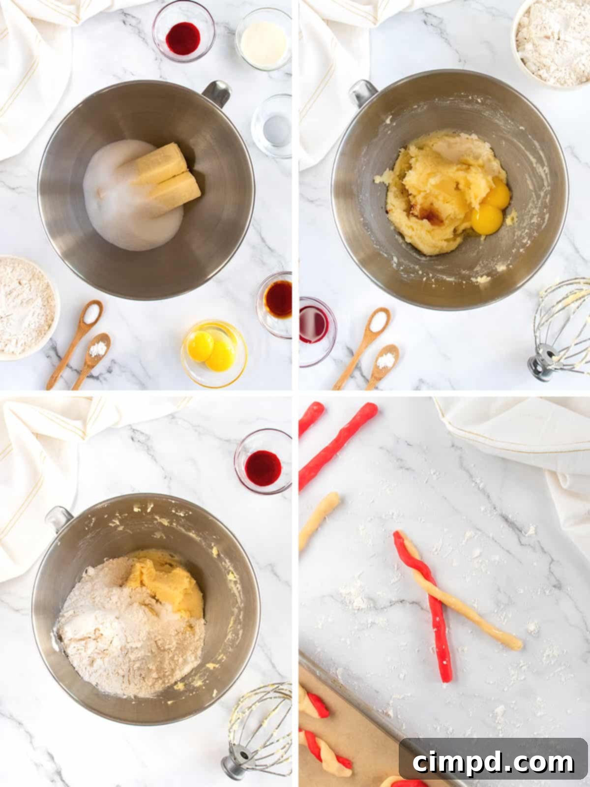 Hands demonstrating how to twist red and white dough into candy cane shapes