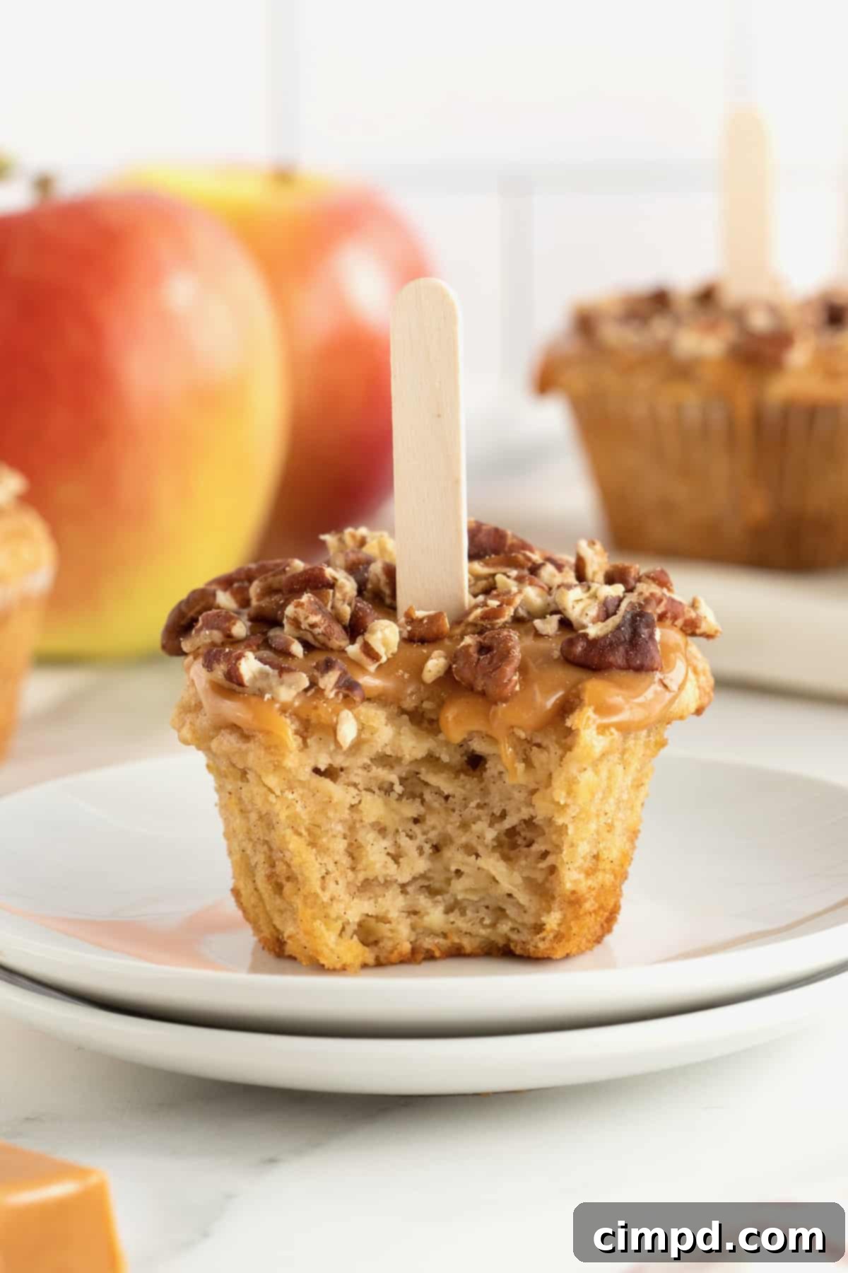Gourmet Caramel Apple Cupcakes 3 A single caramel apple cupcake, showcasing its rich caramel topping and crunchy nut garnish, with a popsicle stick providing an authentic caramel apple feel.
