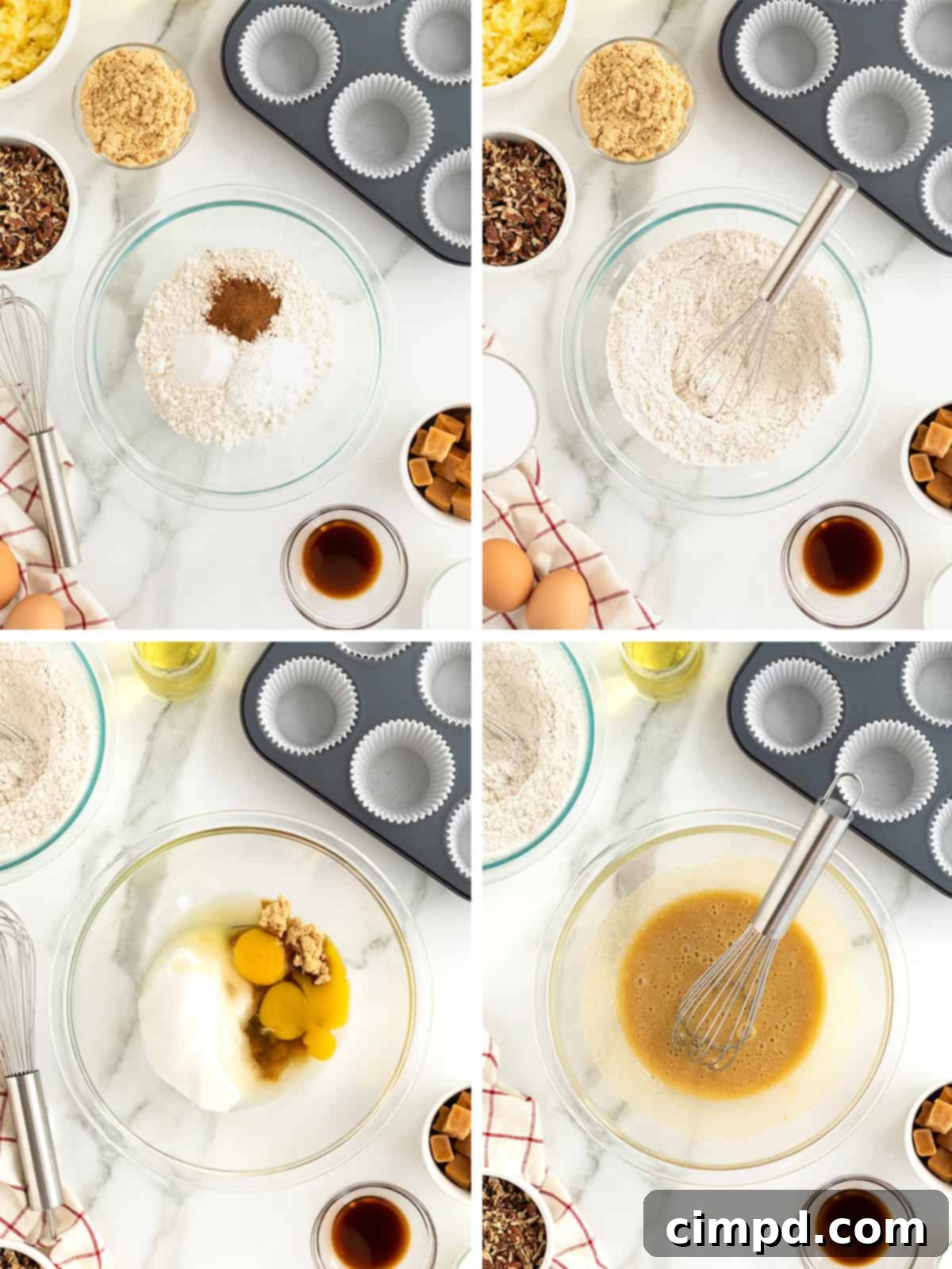 Gourmet Caramel Apple Cupcakes 6 A step-by-step visual guide showing the initial stages of preparing caramel apple cupcakes, from mixing dry ingredients to combining wet components.