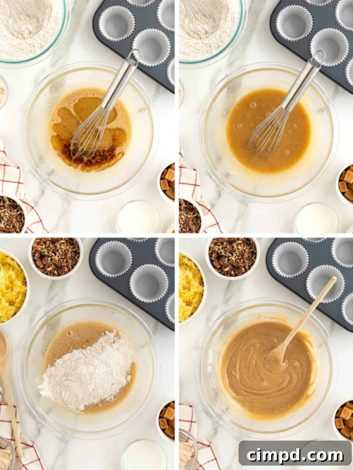 Gourmet Caramel Apple Cupcakes 7 The process of folding shredded apples into the cupcake batter, ensuring even distribution for moisture and flavor.