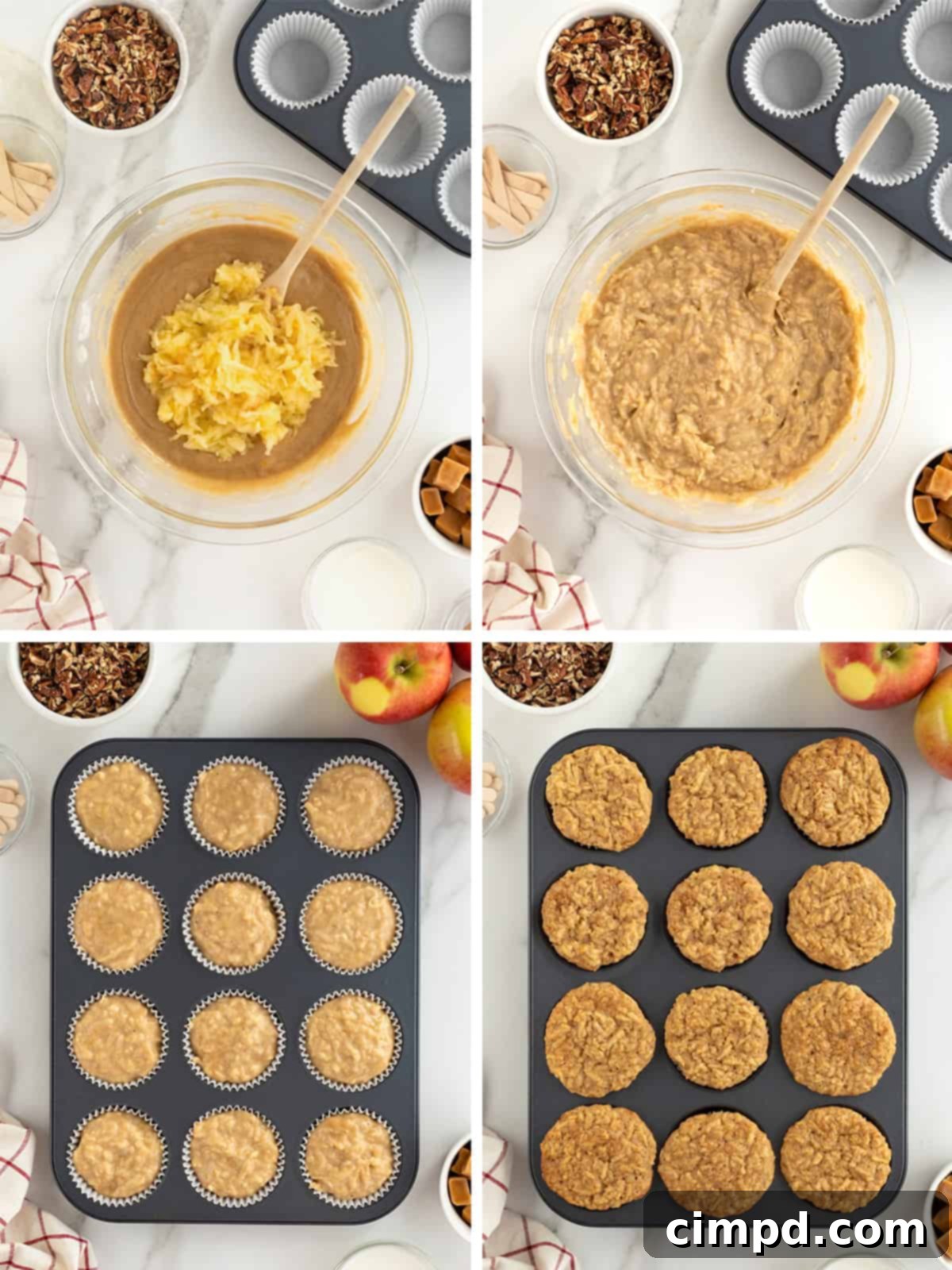 Gourmet Caramel Apple Cupcakes 8 Freshly baked caramel apple cupcakes, golden and risen in their liners, ready for cooling before topping.