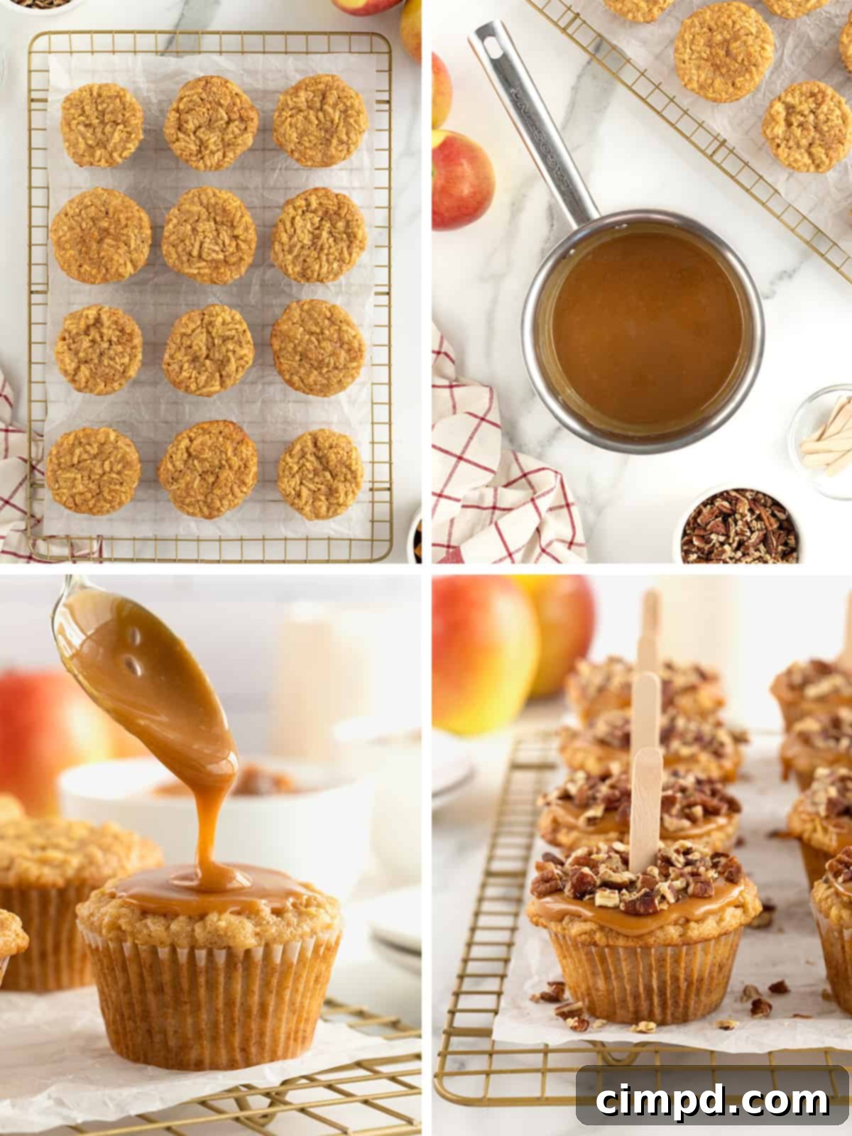 Gourmet Caramel Apple Cupcakes 9 The final step in making caramel apple cupcakes, showing the application of gooey caramel, sprinkling of pecans, and insertion of popsicle sticks.