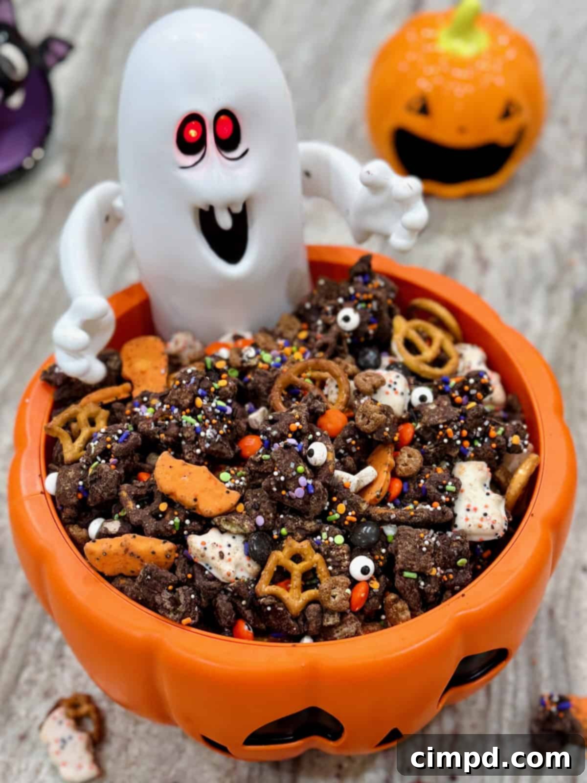 Halloween snack mix in a festive orange jack-o-lantern bowl with a ghost figure, showcasing a variety of colorful and spooky ingredients.