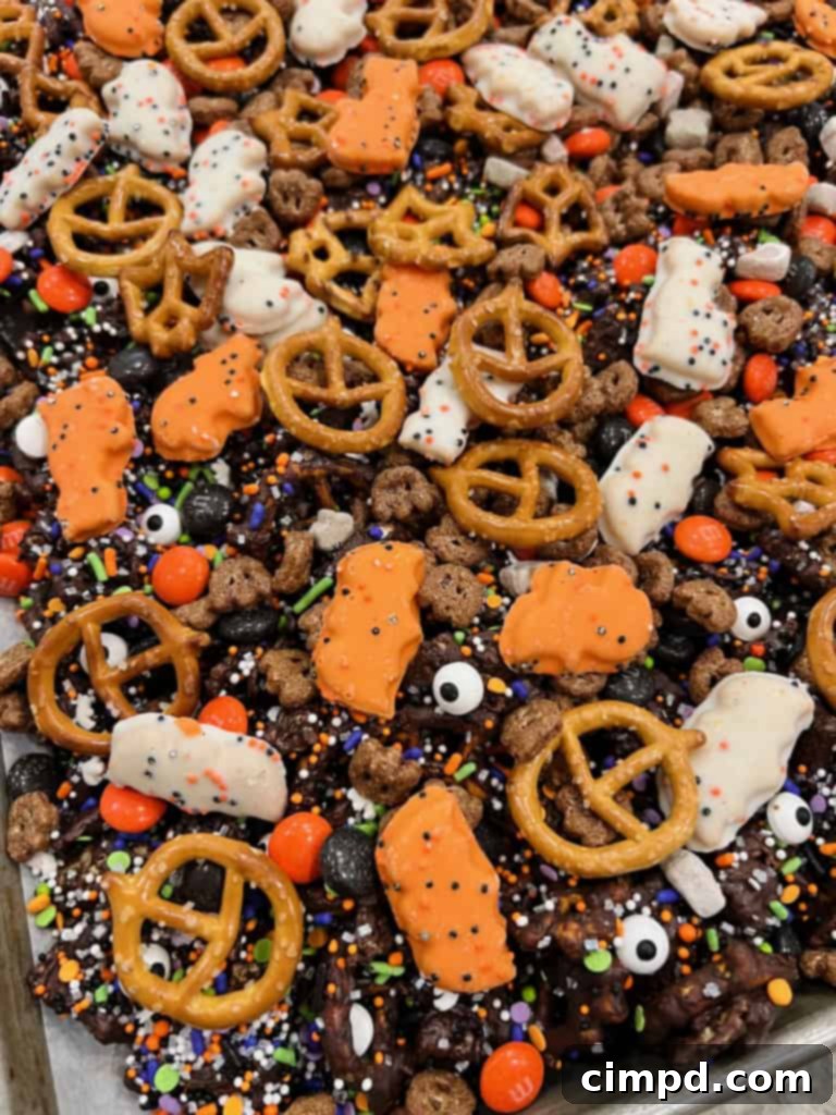 A generous pile of freshly made Halloween snack mix spread on a rimmed baking sheet, cooling and ready to be broken apart.