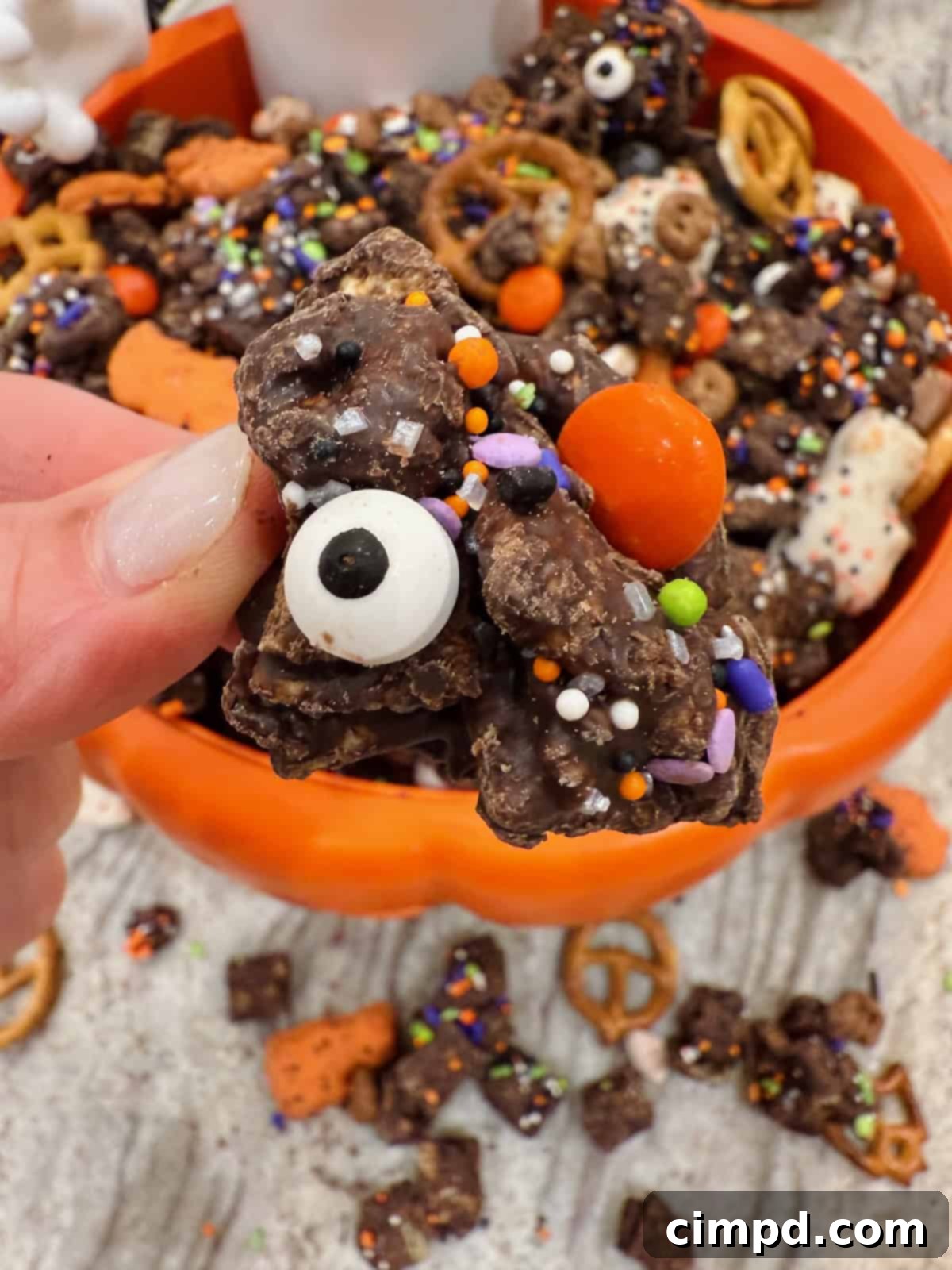 A close-up shot of a perfect chunk of Halloween Snack Mix, held between two fingers, highlighting its crunchy texture and diverse ingredients.