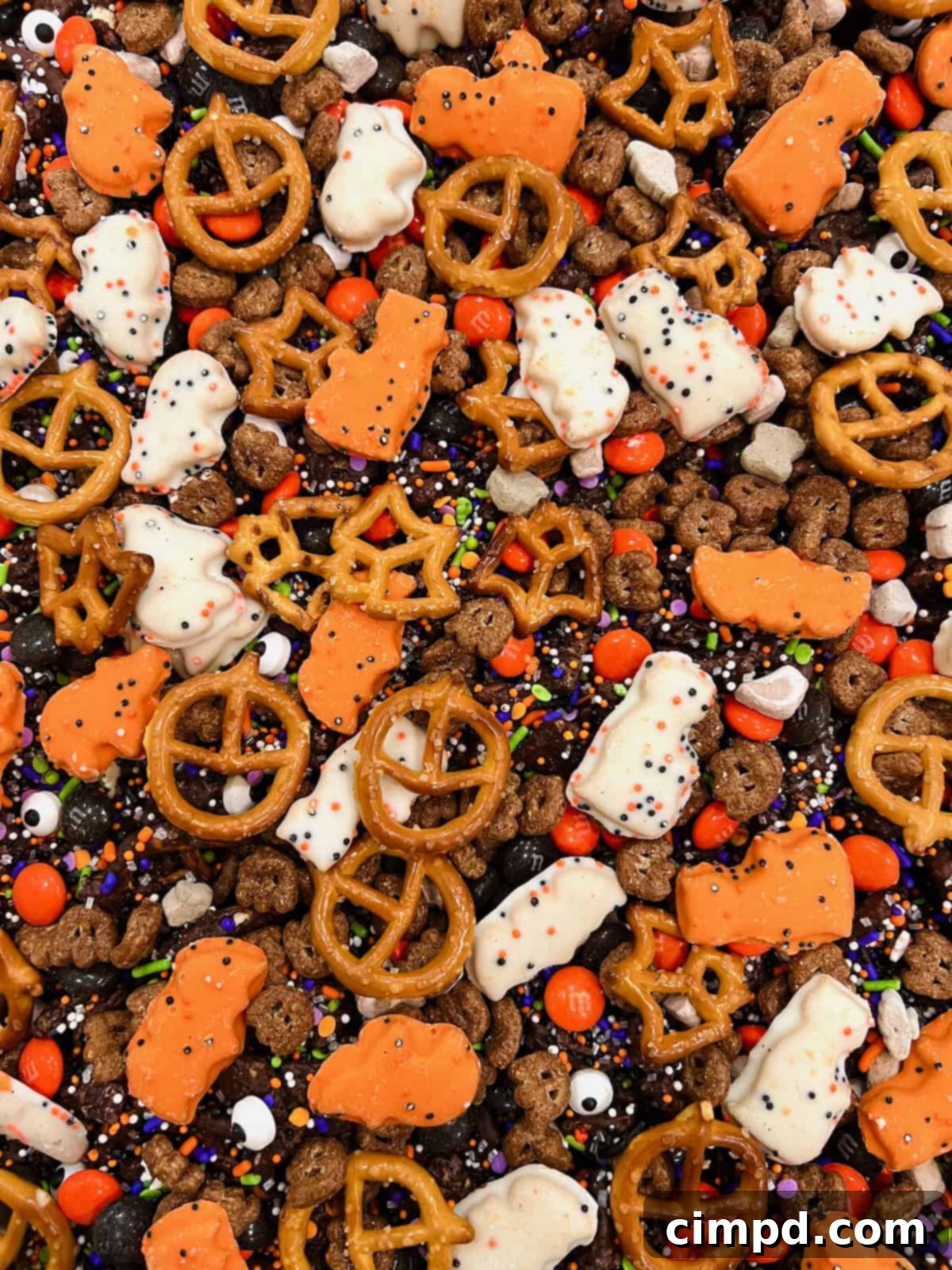 A large pile of Halloween snack mix featuring a variety of chocolates, pretzels, and candies, freshly prepared on a baking sheet.