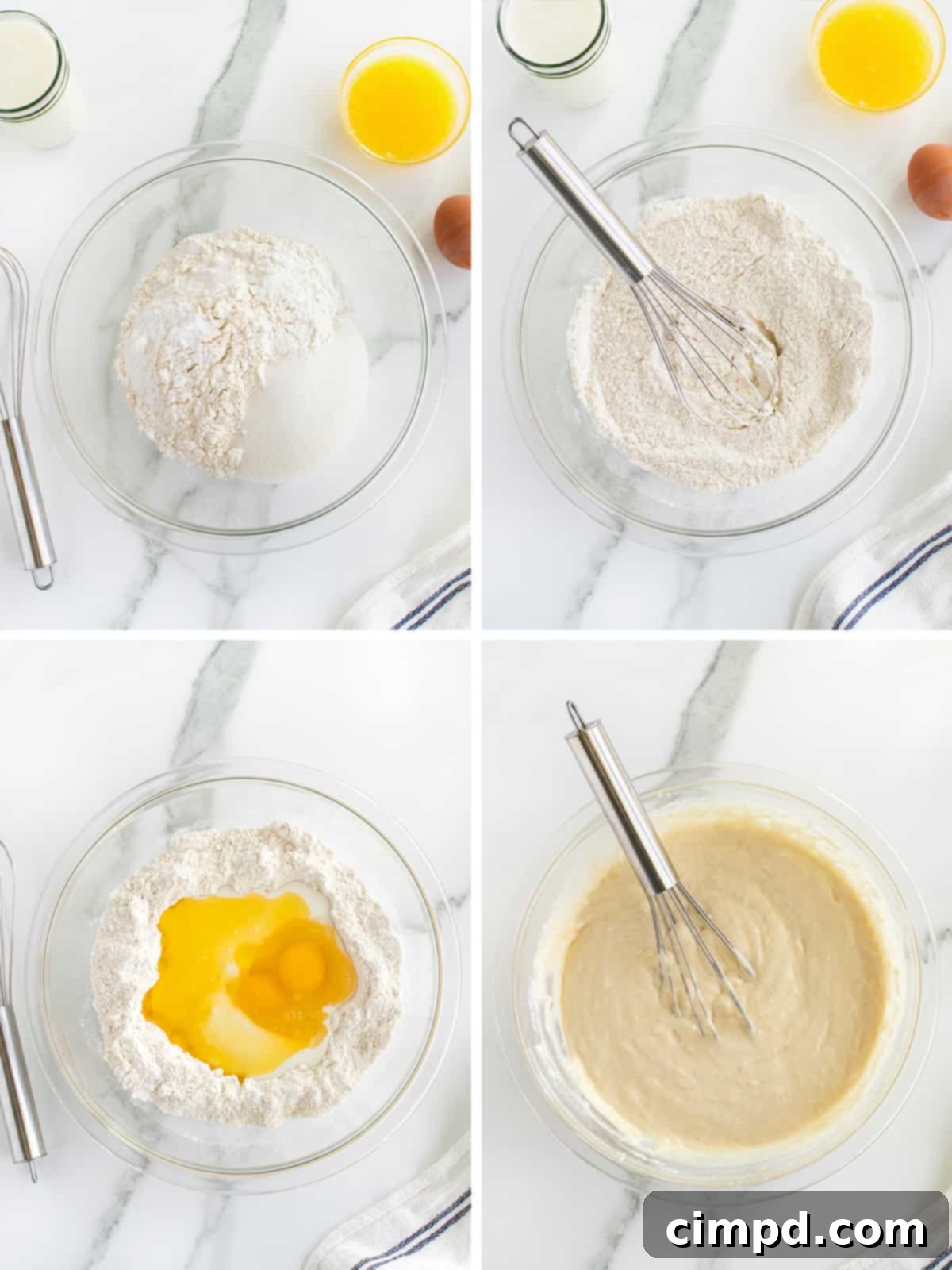 Buttermilk pancake batter being mixed in a bowl, showing a lumpy consistency, by The BakerMama