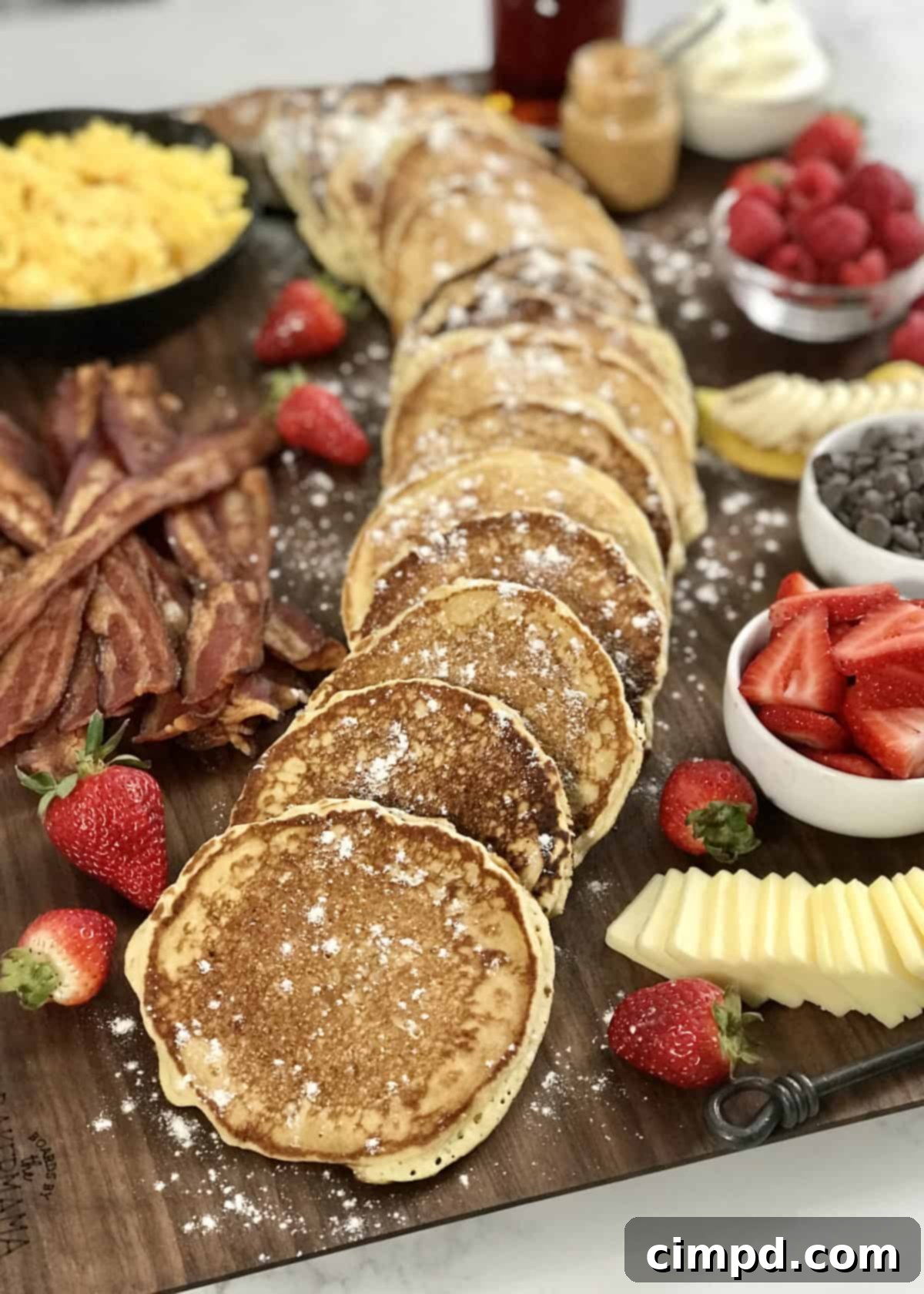 An assembled Pancake Board, showcasing the central arrangement of pancakes surrounded by an abundance of toppings and savory sides.