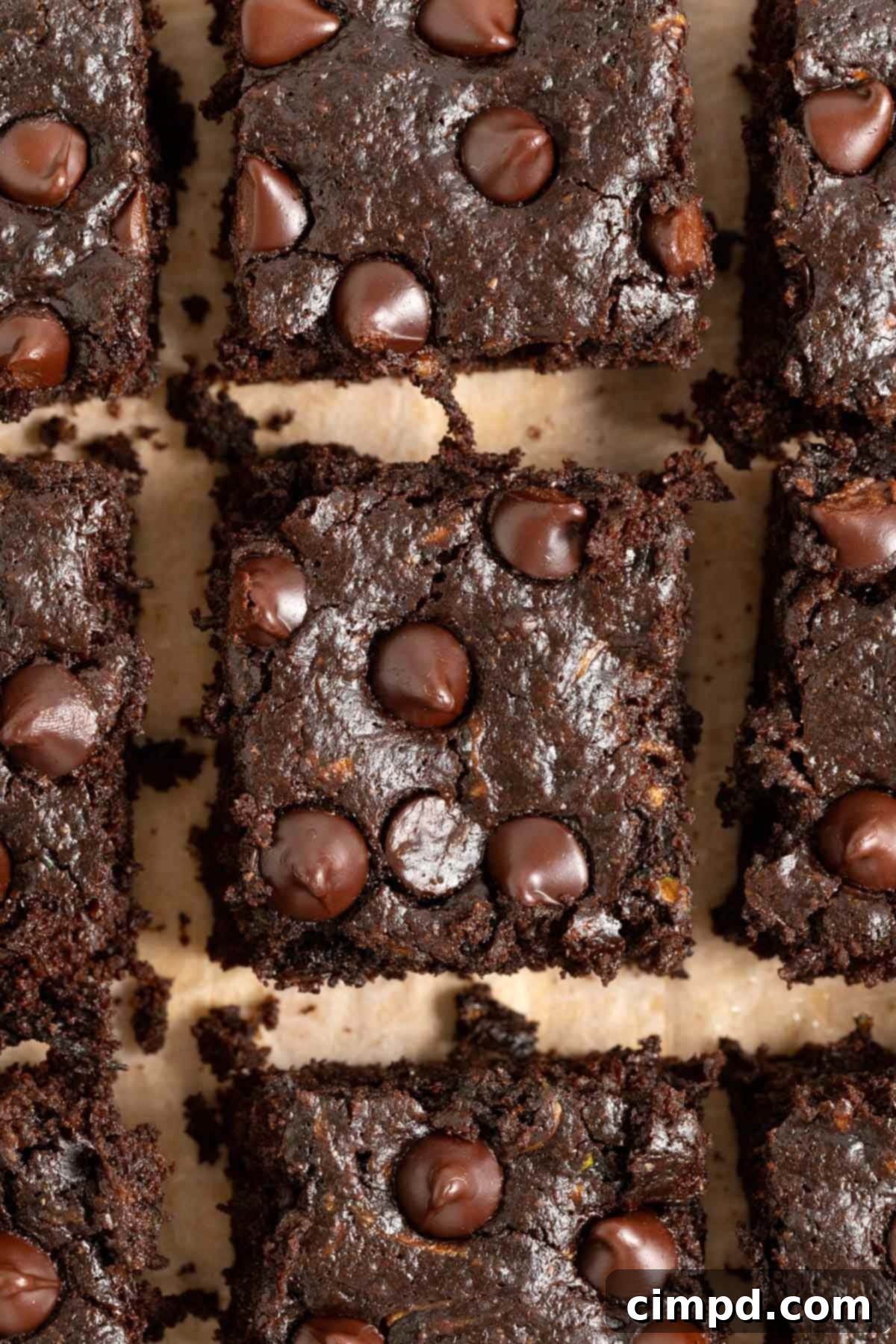 A close-up view of dark chocolate zucchini brownies neatly arranged on a light wood cutting board, highlighting their dense, fudgy interior and the glistening chocolate chips on top.