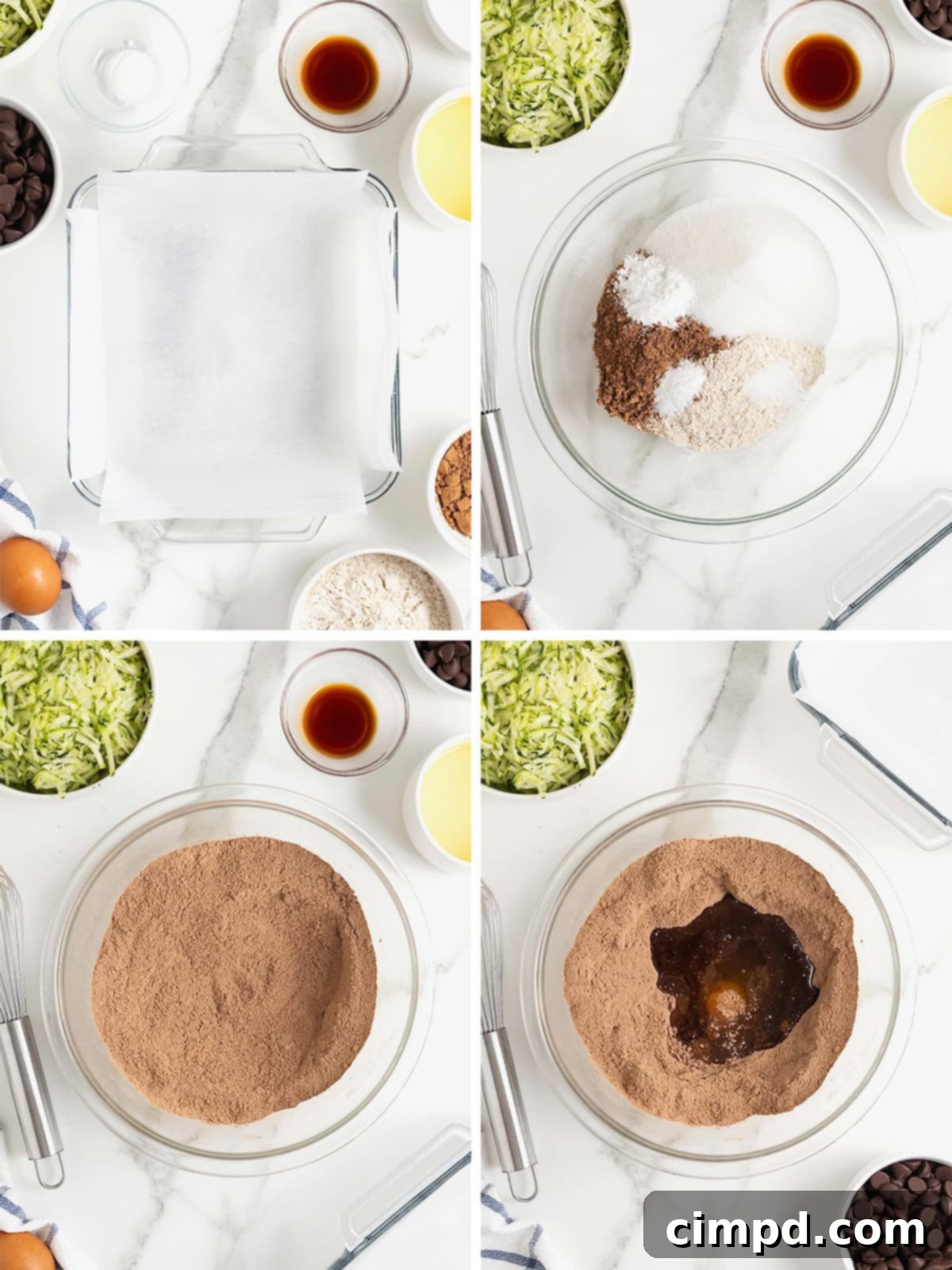 A visual step-by-step guide showcasing the initial stages of making Dark Chocolate Zucchini Brownies, from mixing dry ingredients to adding wet components, illustrating the proper technique for each stage.