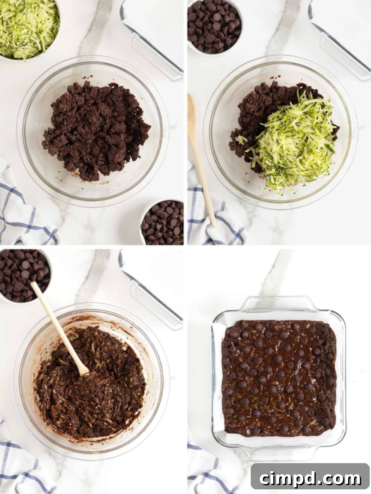 A visual representation of the final steps in preparing dark chocolate zucchini brownies, demonstrating how to spread the batter evenly and sprinkle with additional chocolate chips before baking.