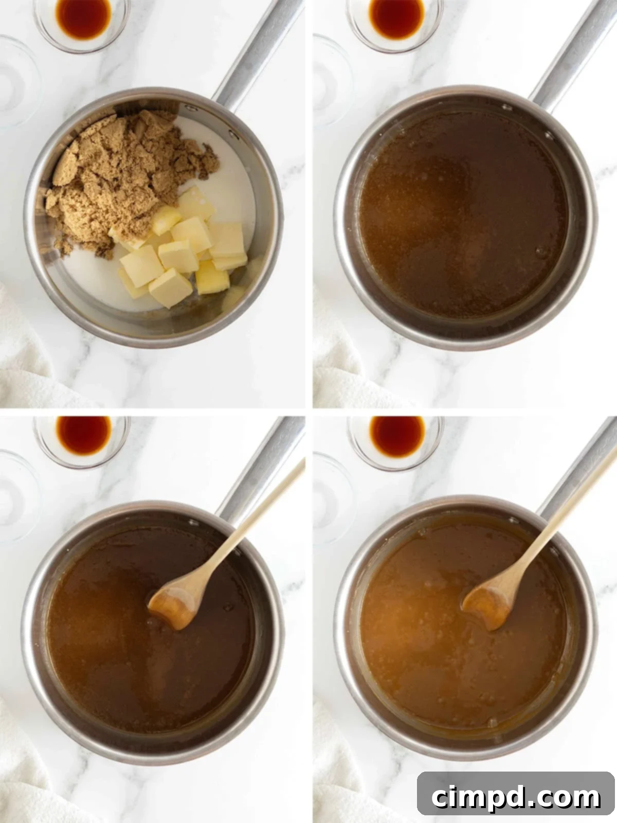 Making Luscious Caramel: A Beginner's Guide 6 Steps to make simple caramel sauce in a saucepan on the stovetop.