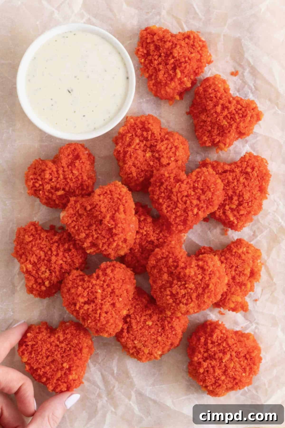 Fiery Cheetos Mozza Hearts 2 A mouthwatering pile of Flamin' Hot Cheeto Hearts next to a creamy spicy ranch dipping sauce.