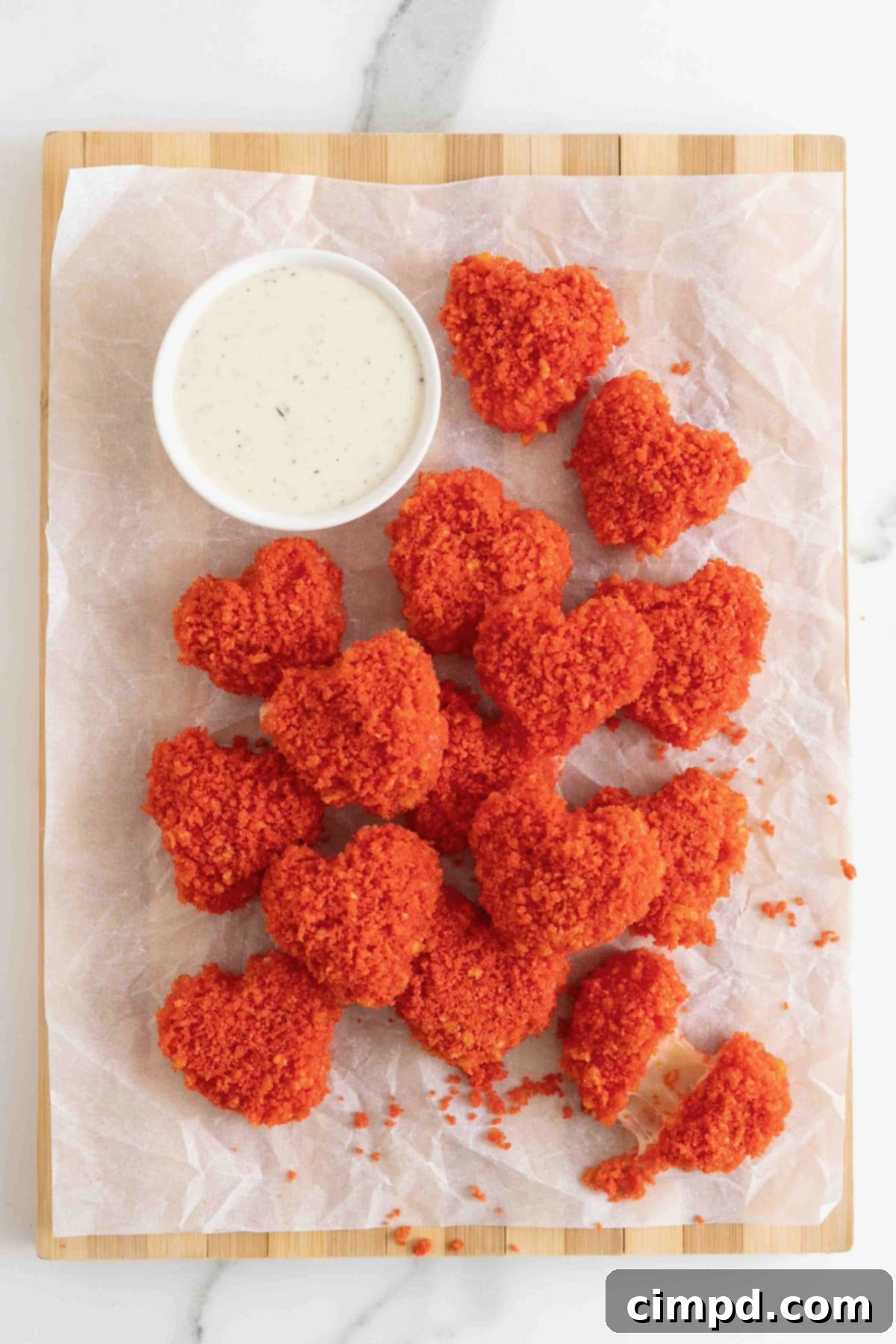 Fiery Cheetos Mozza Hearts 11 A finished batch of Flamin' Hot Cheeto Hearts served on a wooden cutting board with spicy ranch.