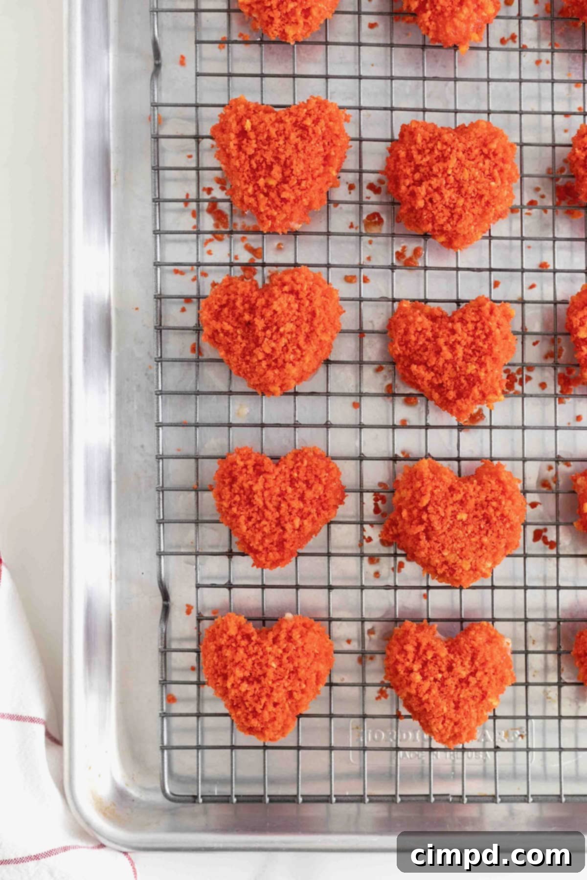 Fiery Cheetos Mozza Hearts 12 Flamin' Hot Cheeto Mozzarella hearts are on a wire cooling rack over a parchment lined baking sheet.
