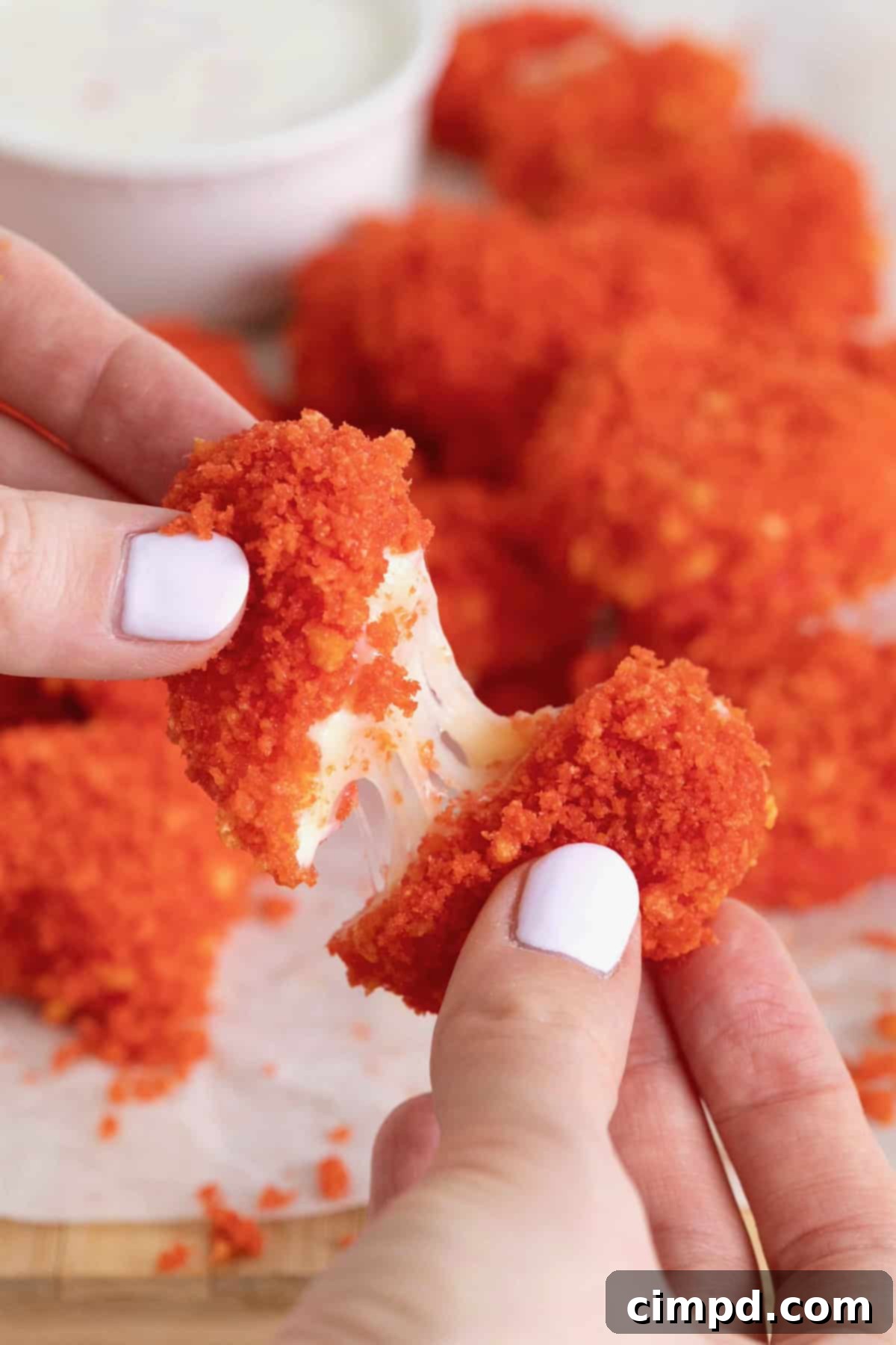 Fiery Cheetos Mozza Hearts 3 Close-up of a Flamin' Hot Cheeto Heart being pulled apart, showcasing the melty mozzarella inside.