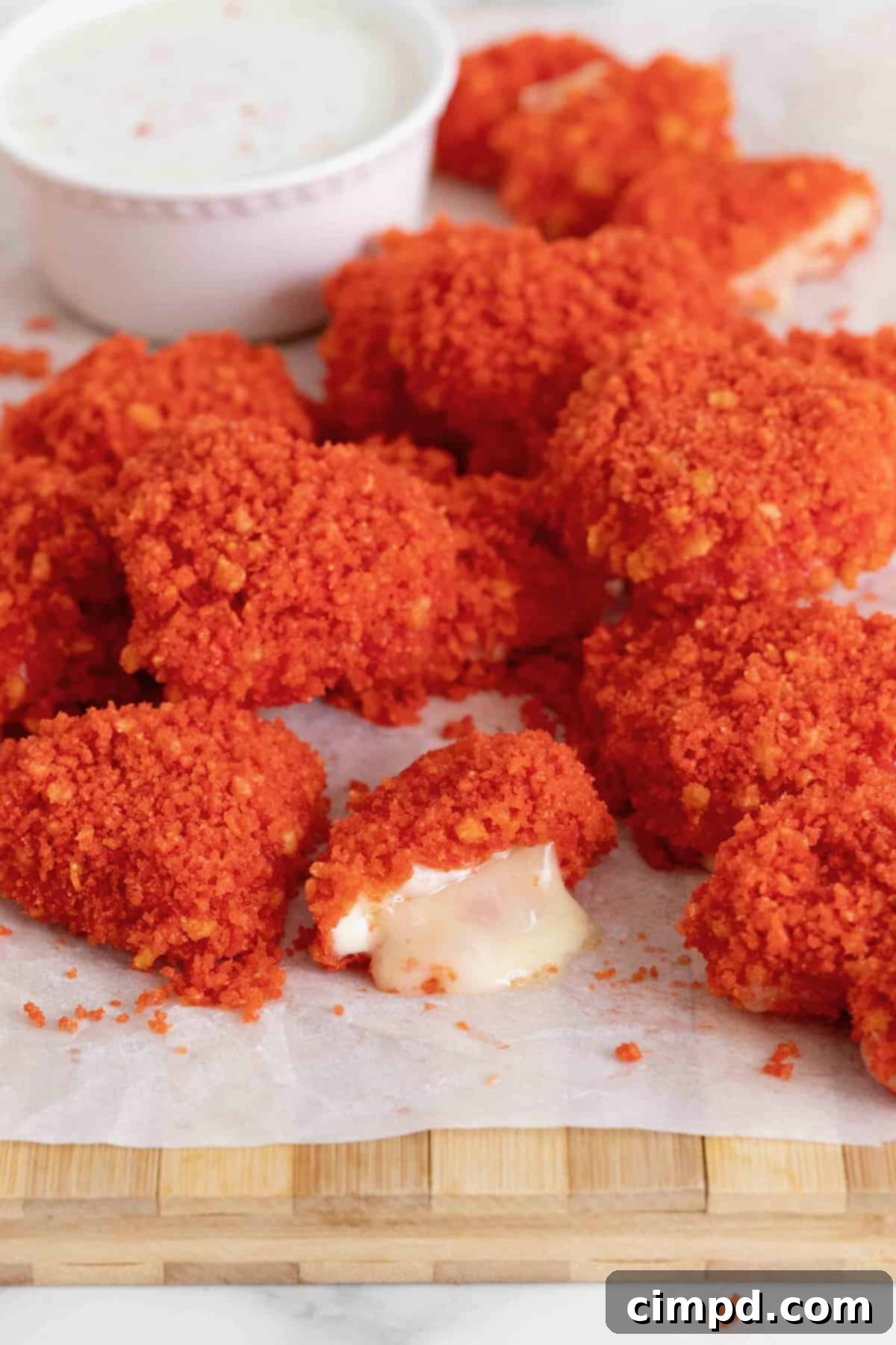 Fiery Cheetos Mozza Hearts 4 An enticing close-up of Flamin' Hot Cheeto Mozzarella Hearts arranged artfully on a white surface.