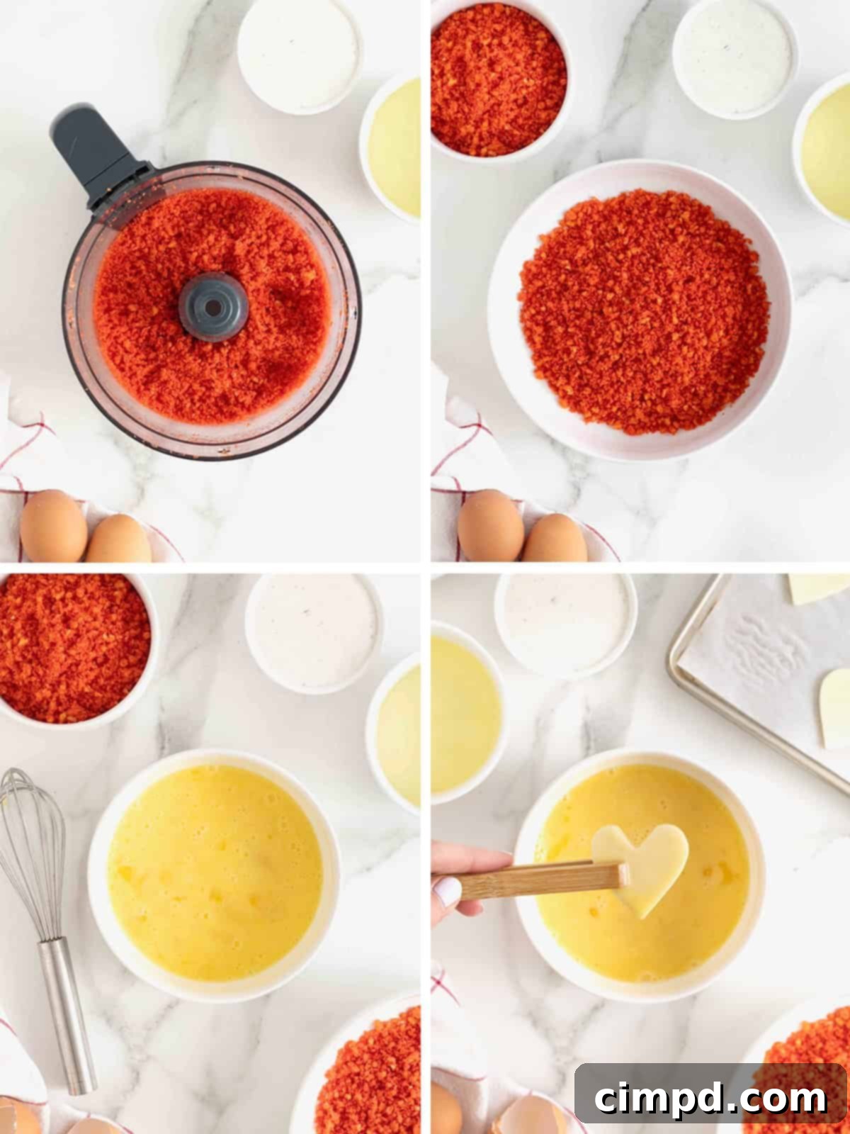 Fiery Cheetos Mozza Hearts 7 Visual steps for preparing the Cheetos coating and dipping the mozzarella hearts in egg.