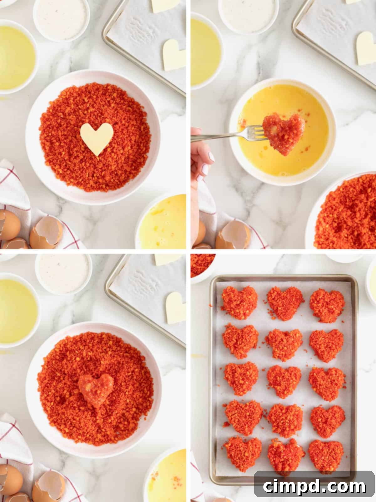 Fiery Cheetos Mozza Hearts 8 Visual steps for coating the mozzarella hearts in Cheetos dust and freezing them.