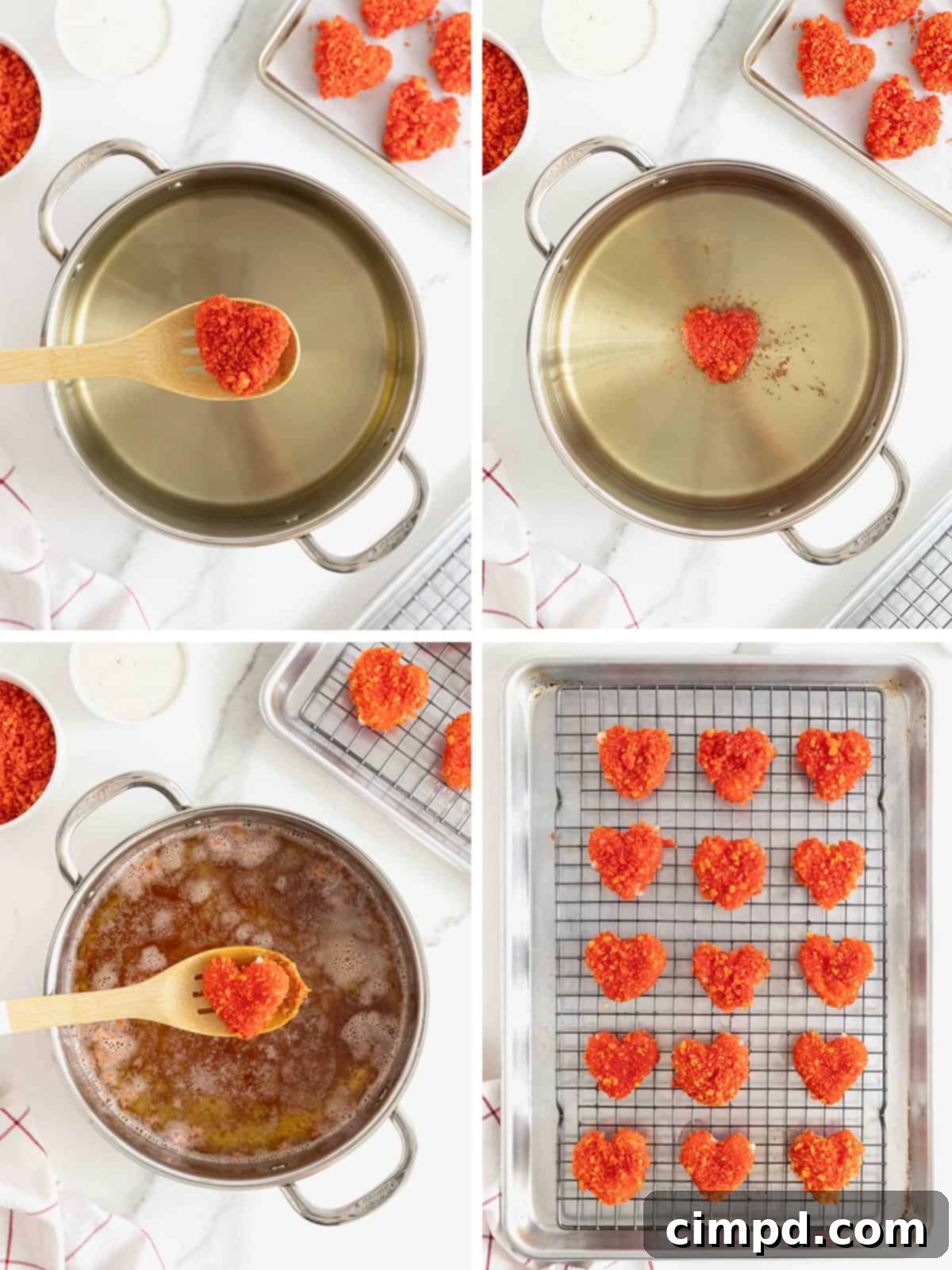 Fiery Cheetos Mozza Hearts 9 Visual steps for frying the Flamin' Hot Cheeto Mozzarella Hearts.