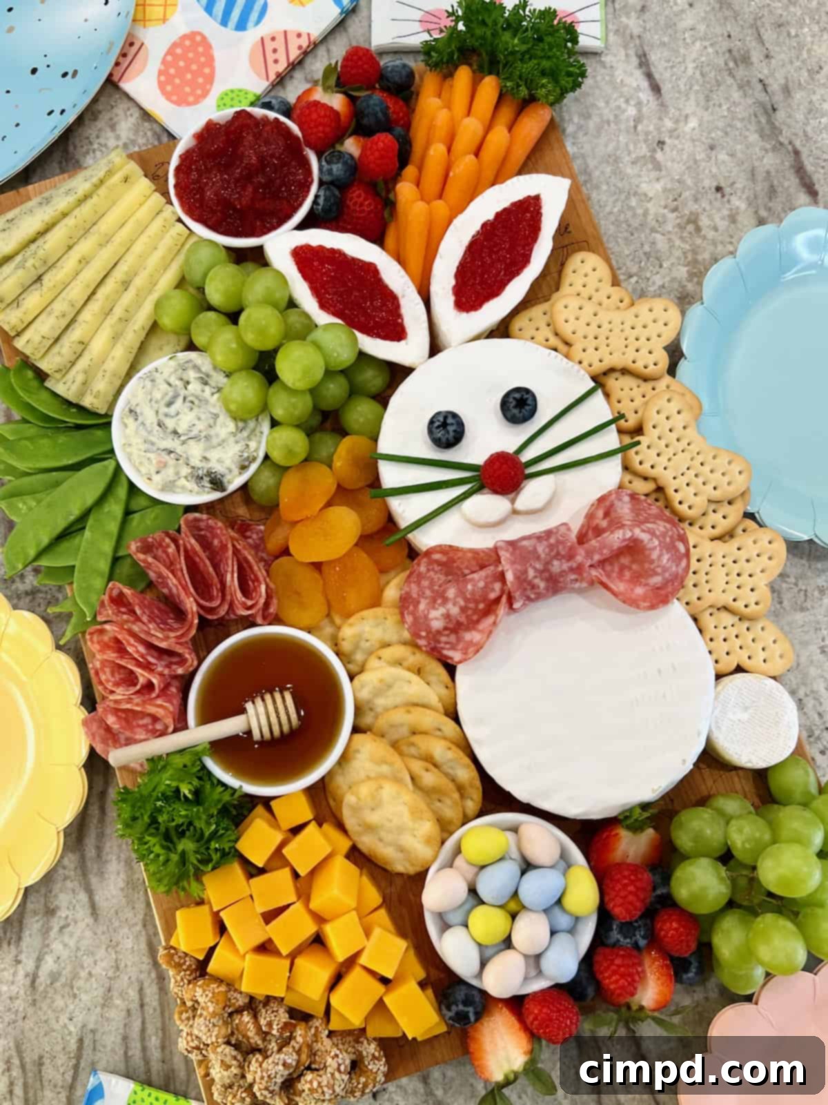 Easter Bunny Autograph Board 4 Close-up of the Easter Bunny Signature Board, highlighting the brie bunny, cheese carrot, and other delectable treats.