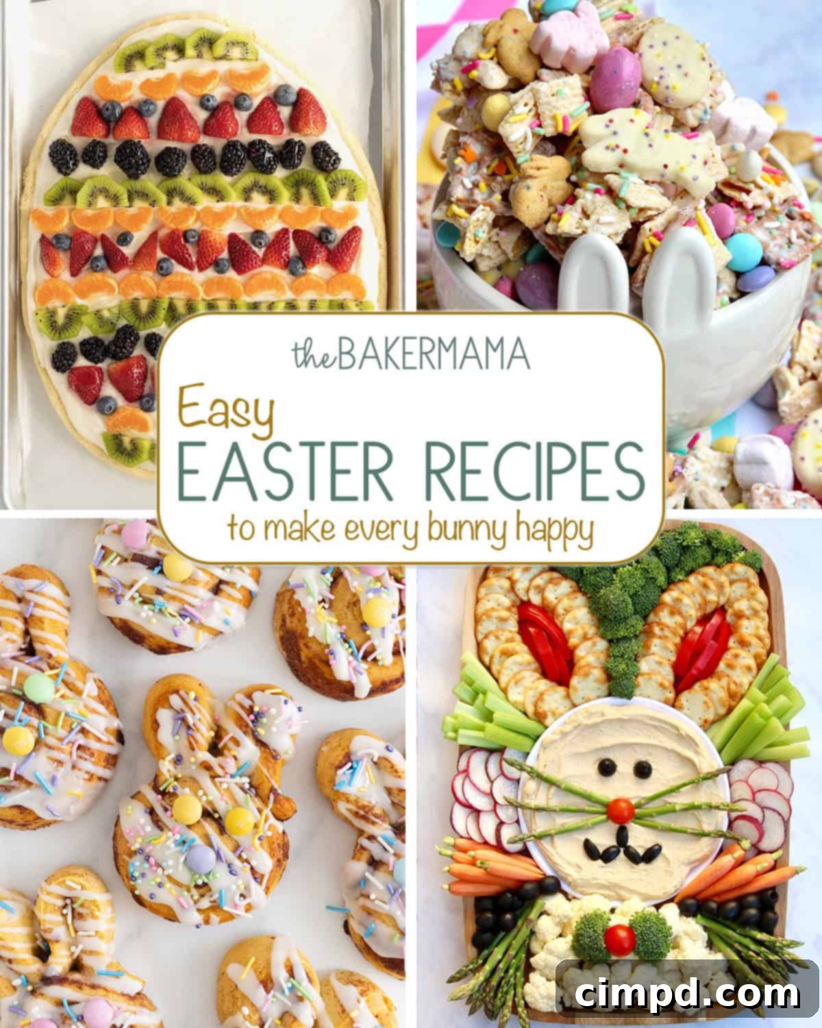 Easter Bunny Autograph Board 9 A collage of Easter recipes: Giant Easter Egg Fruit Pizza, Easter Snack Mix, Easter Bunny Cinnamon Rolls, and Easter Bunny Snack Board.